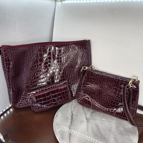 3 Piece Croc Embossed Handbag Set Womens Crossbody Purse Wallet Clutch Vinyl - Picture 3 of 10